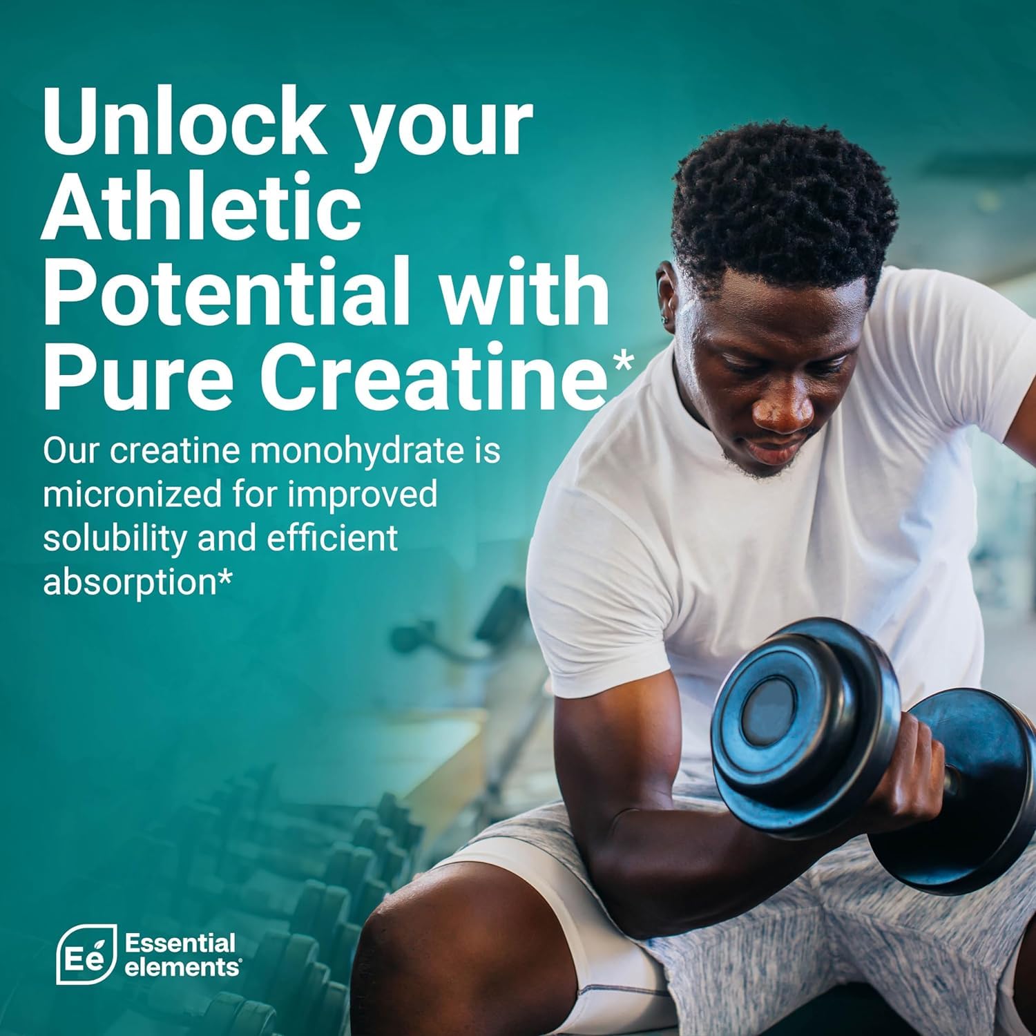 Essential Elements creatine label close-up highlighting third-party testing.