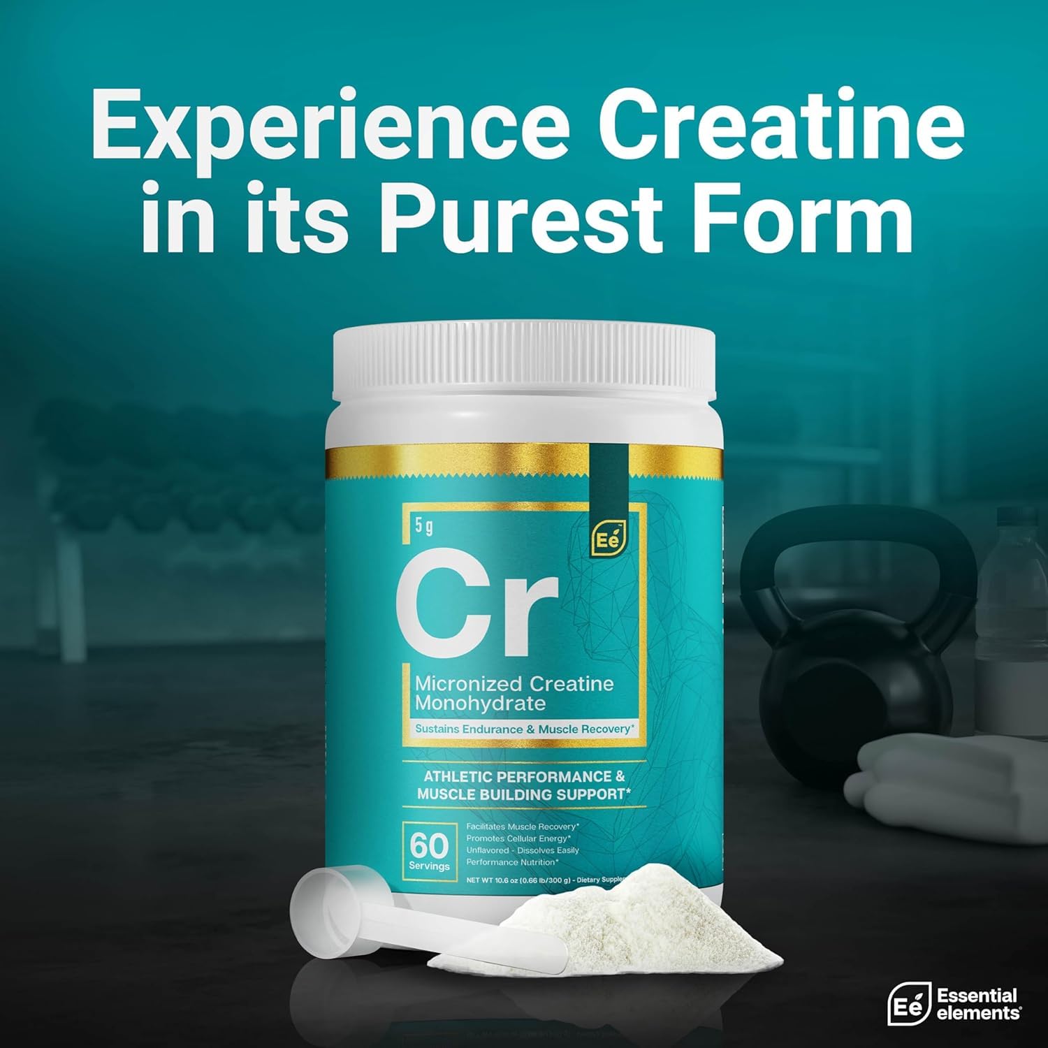 Essential Elements Micronized Creatine Monohydrate powder close-up highlights fine texture for smooth blending.