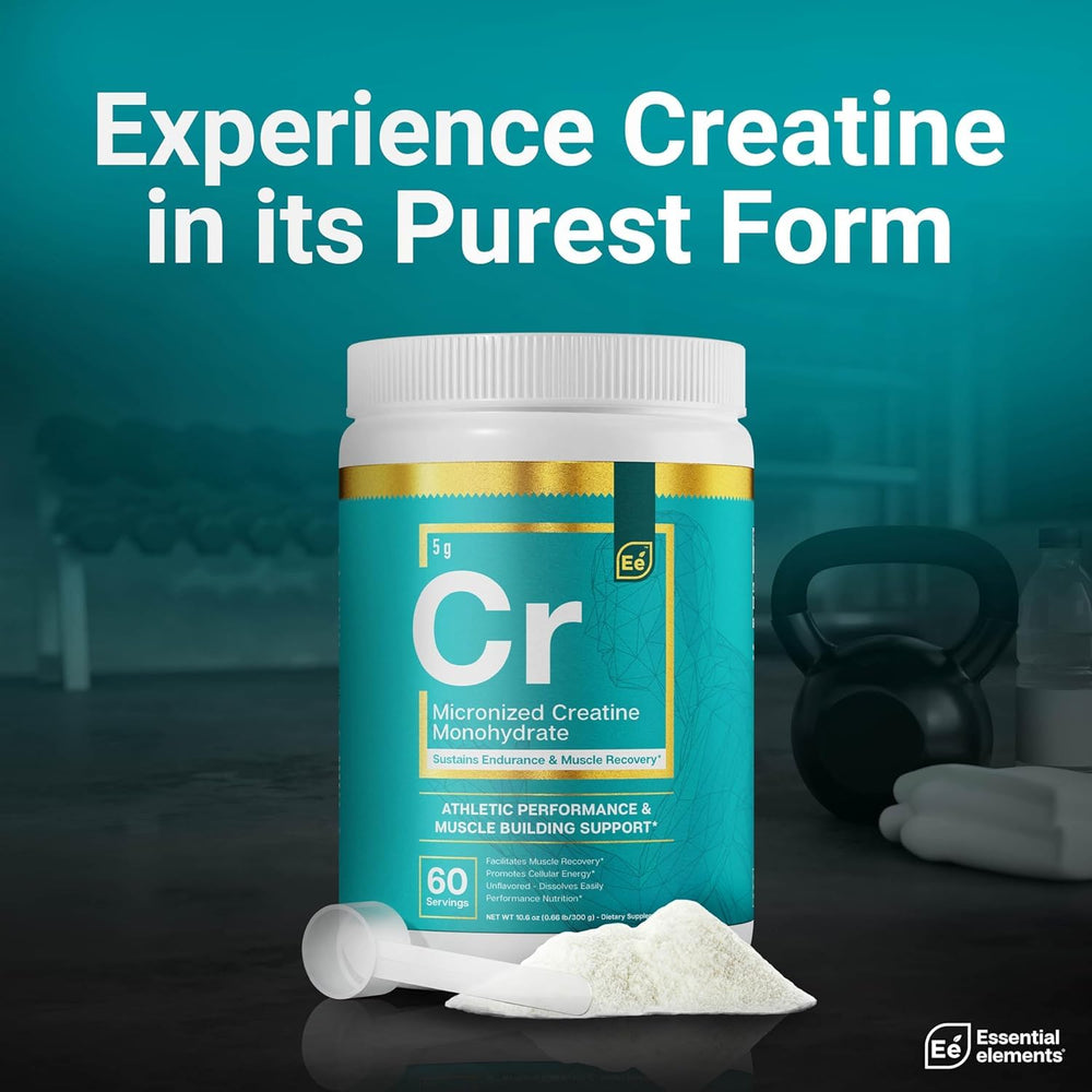 Essential Elements Micronized Creatine Monohydrate powder close-up highlights fine texture for smooth blending.