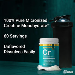 Essential Elements creatine powder dissolving in water for quick, smooth mixing.