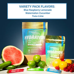 Essential Elements Hydration Packets label shows ACV and Vitamin C for daily use.