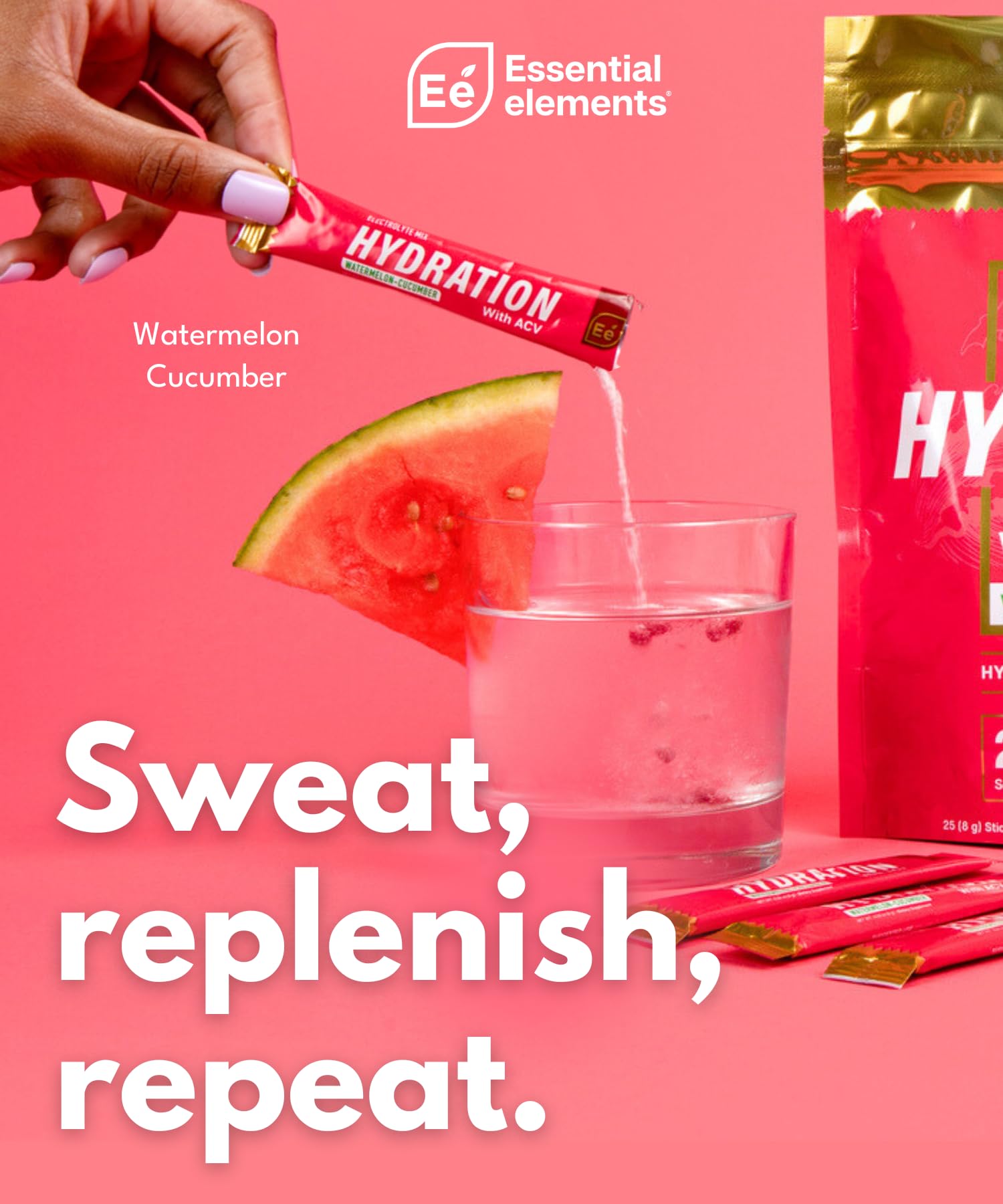 Essential Elements stick-pack setup illustrating portable hydration before training.