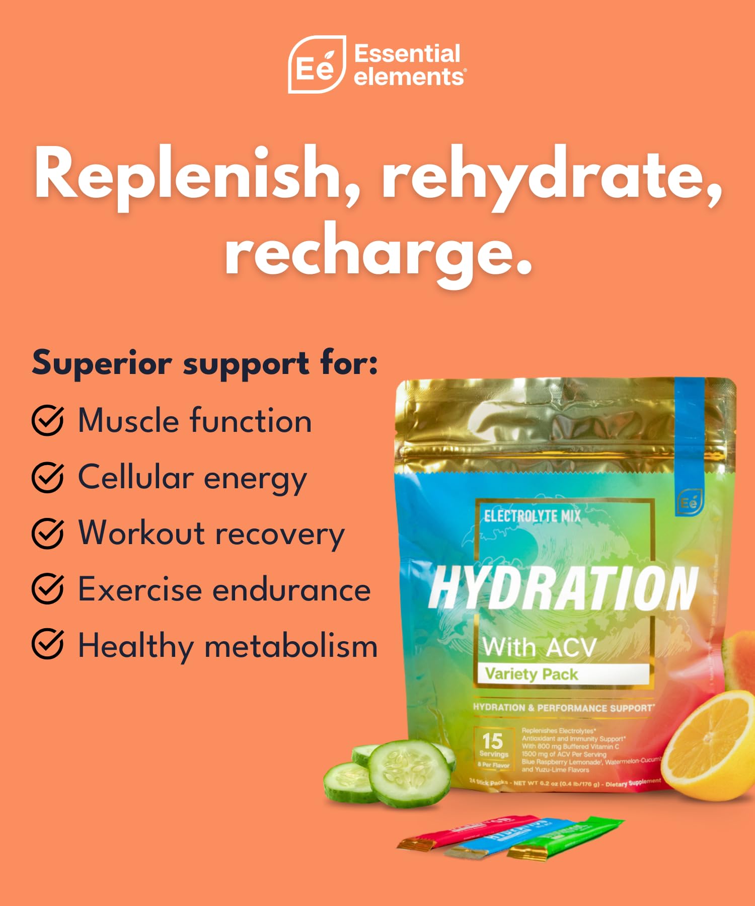 Essential Elements Hydration sticks Watermelon-Cucumber flavor for refreshing workouts.
