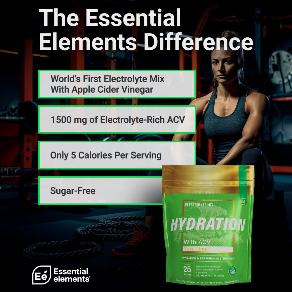 Essential Elements Yuzu Lime sticks with a sports bottle for on-the-go hydration.
