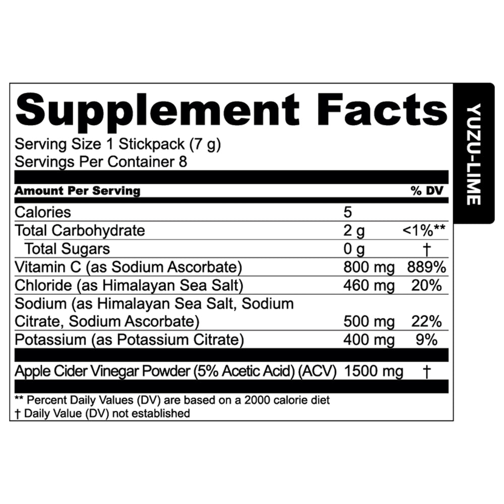 Essential Elements Yuzu Lime label close-up emphasizes natural ingredients and vitamin C.