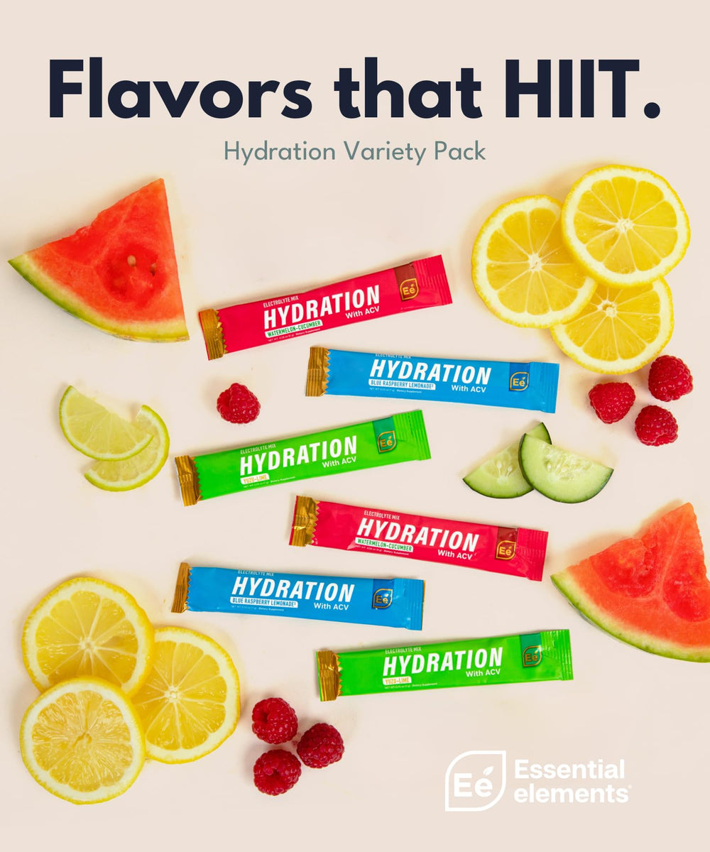 Essential Elements Hydration sticks Yuzu-Lime flavor for tangy electrolyte refreshment.