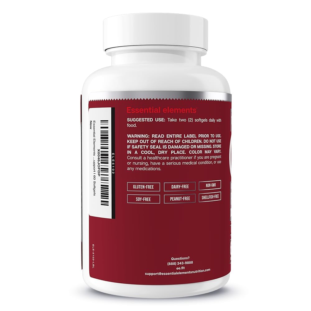 Capsules pouring into hand from Essential Elements Omega-3 bottle