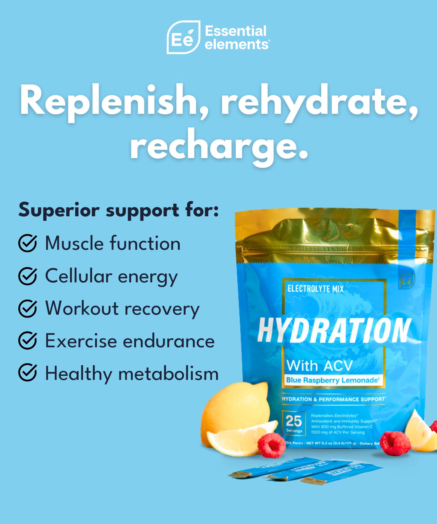 Essential Elements sugar-free electrolyte formulation without added sugar for hydration.