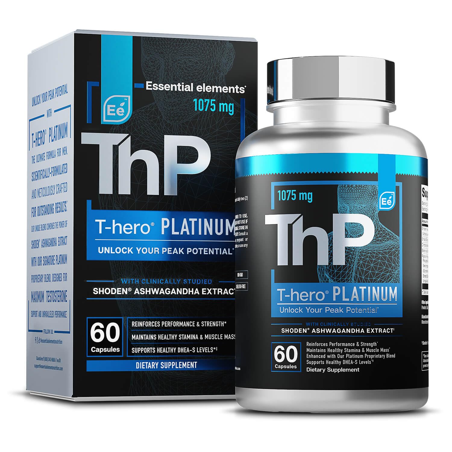 Essential Elements T-Hero Platinum bottle front showing daily testosterone support