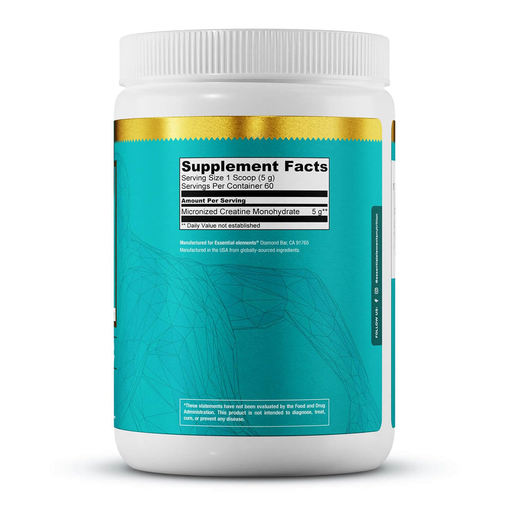 Essential Elements Micronized Creatine Monohydrate packaging highlights USA-made quality.