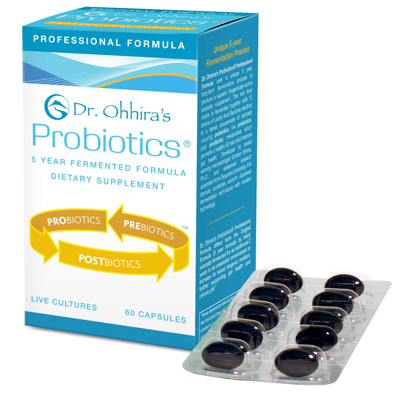 Essential Formulas Dr. Ohhira’s Probiotics bottle highlighting five-year fermentation and twelve strains for gut balance.