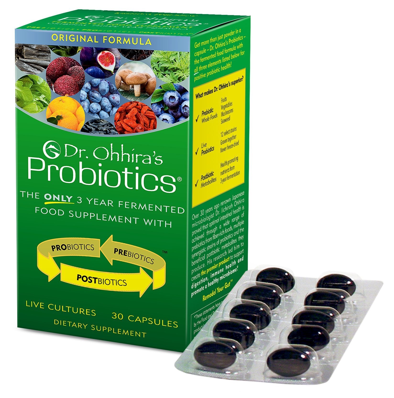 Essential Formulas Dr. Ohhira's Original bottle front shows probiotic capsules for gut wellness.