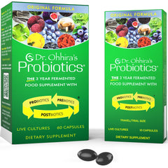 Essential Formulas Dr. Ohhira's Original Formula bottle front promotes gut-friendly balance with 13 probiotic strains.