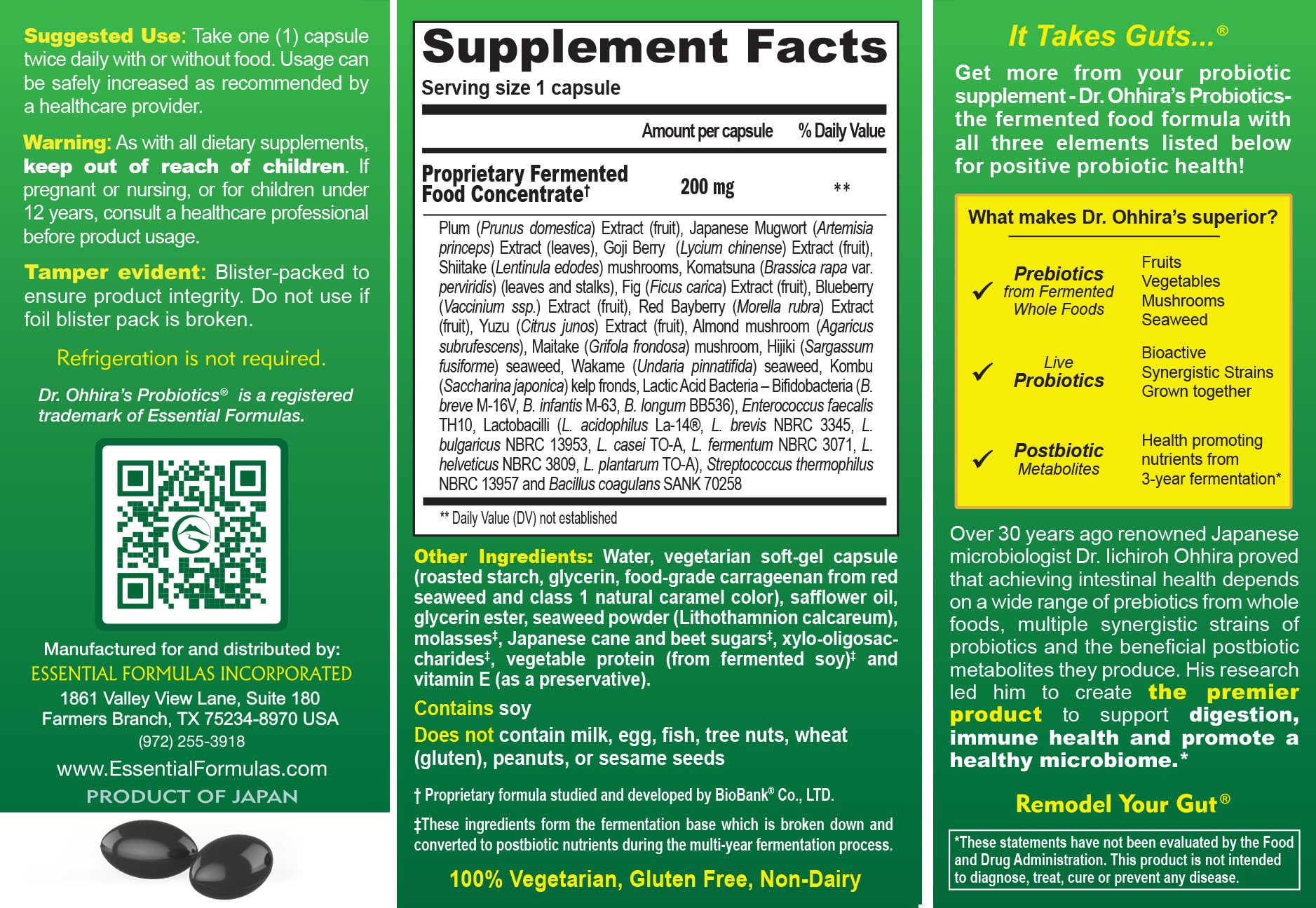 Essential Formulas Dr. Ohhira's Original Formula bottle side shows dairy-free vegetarian probiotic option.