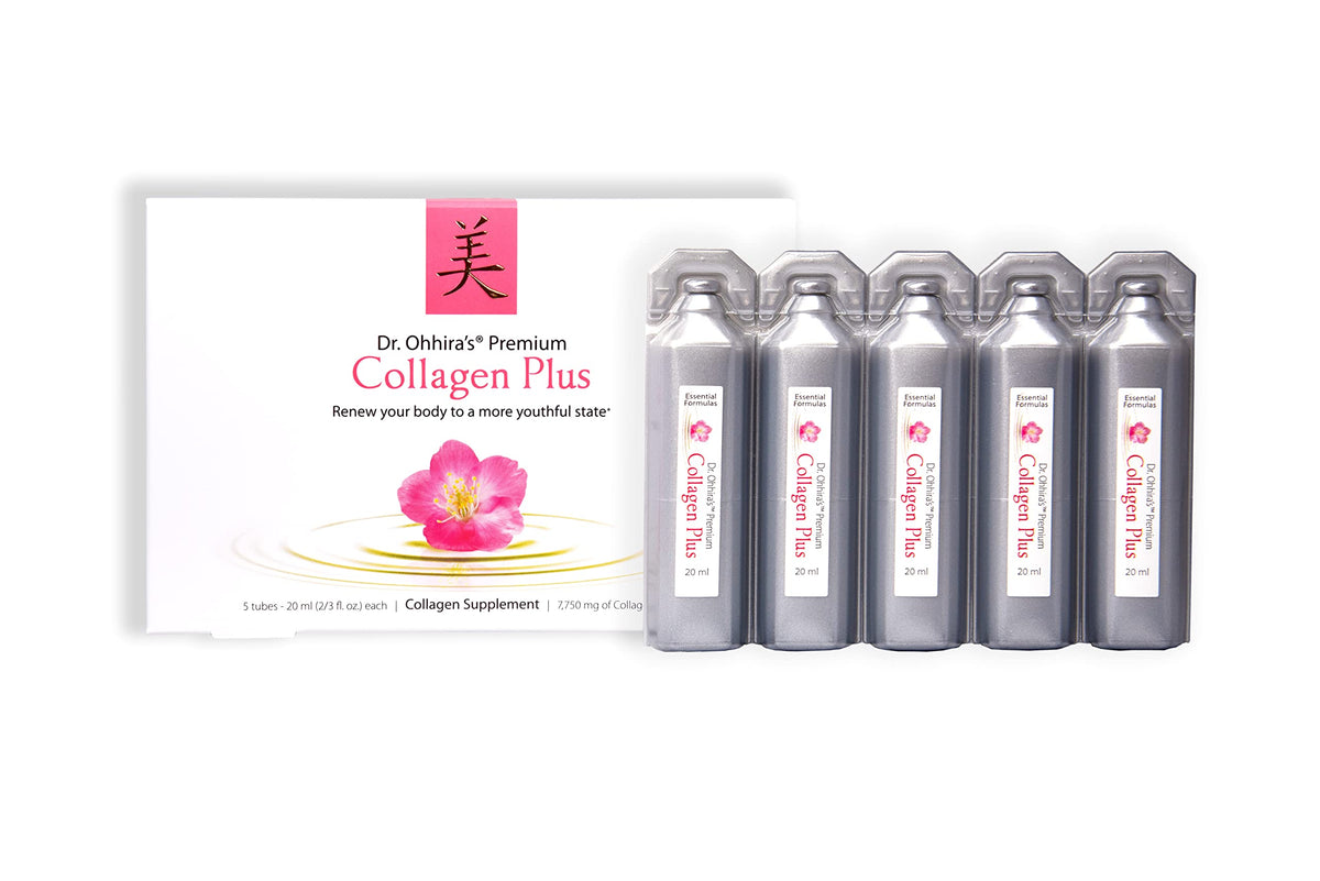 Essential Formulas Dr Ohhira's Premium Collagen Plus tube pack—convenient daily use for skin hydration.