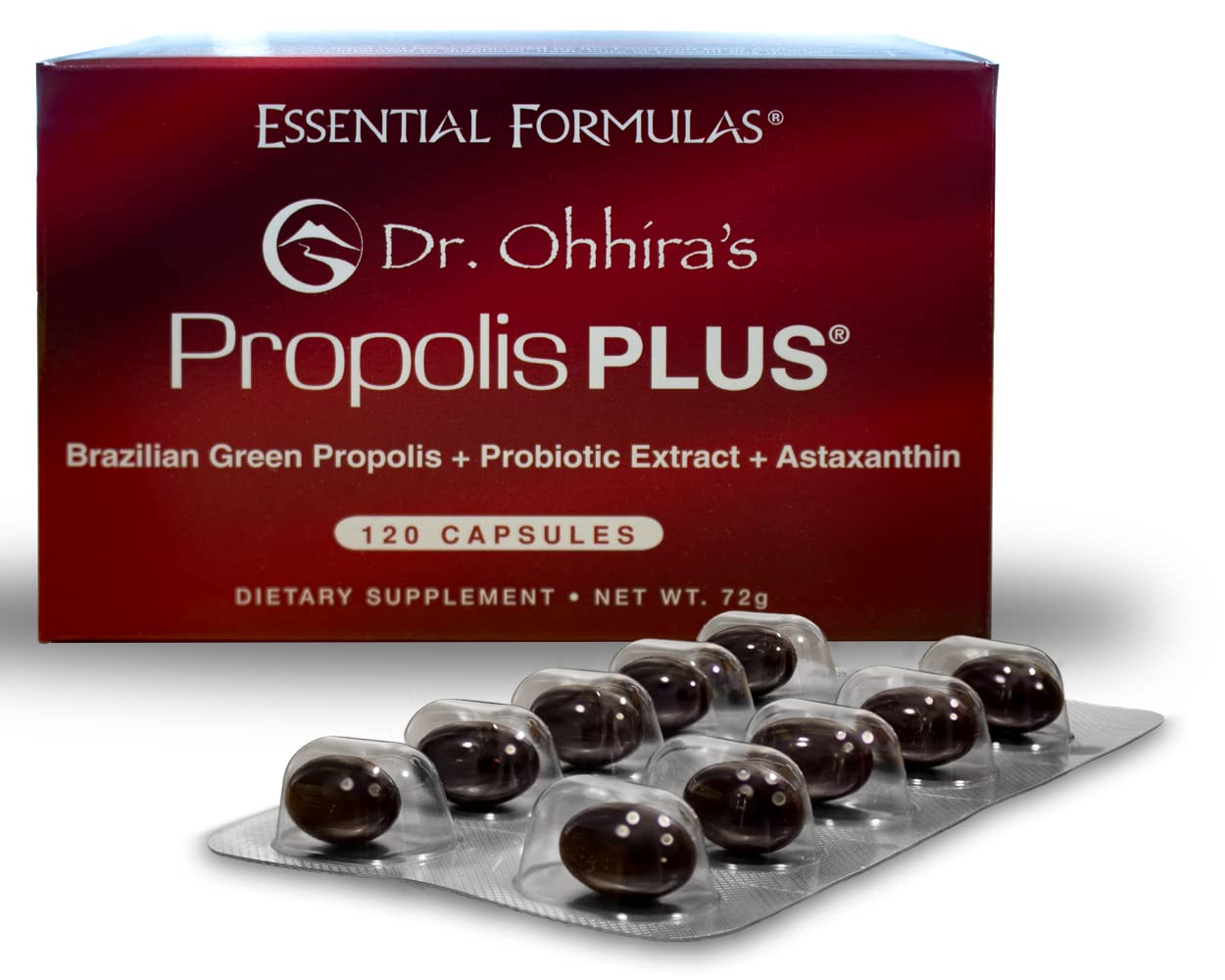 Essential Formulas Dr Ohhira's Propolis Plus bottle—compact supplement for daily immune support.