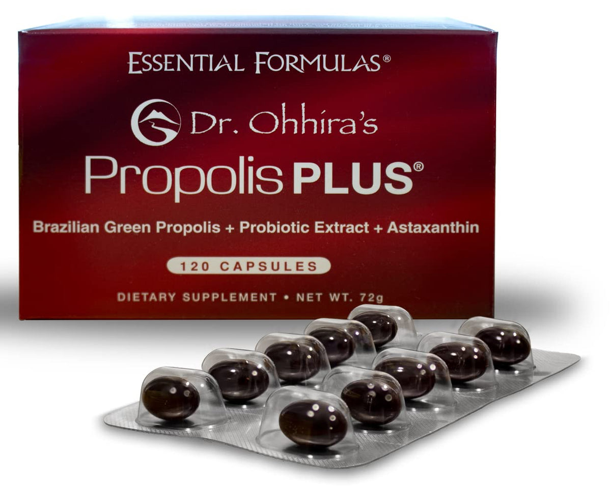 Essential Formulas Dr Ohhira's Propolis Plus bottle—compact supplement for daily immune support.