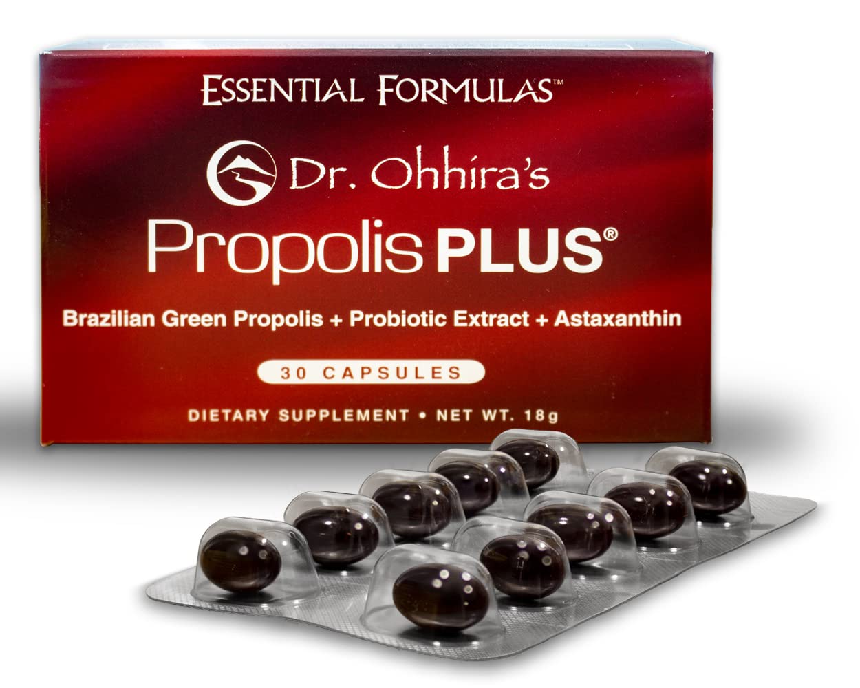 Essential Formulas Dr Ohhira's Propolis Plus bottle close-up highlighting capsules for immune support.