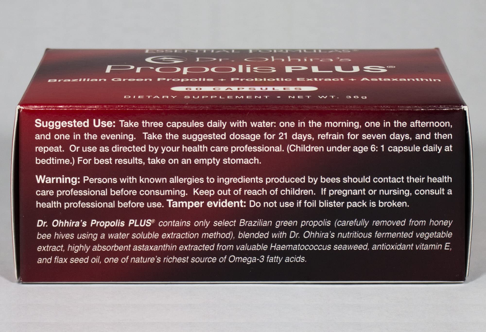 Essential Formulas Propolis Plus label close-up highlighting key ingredients.