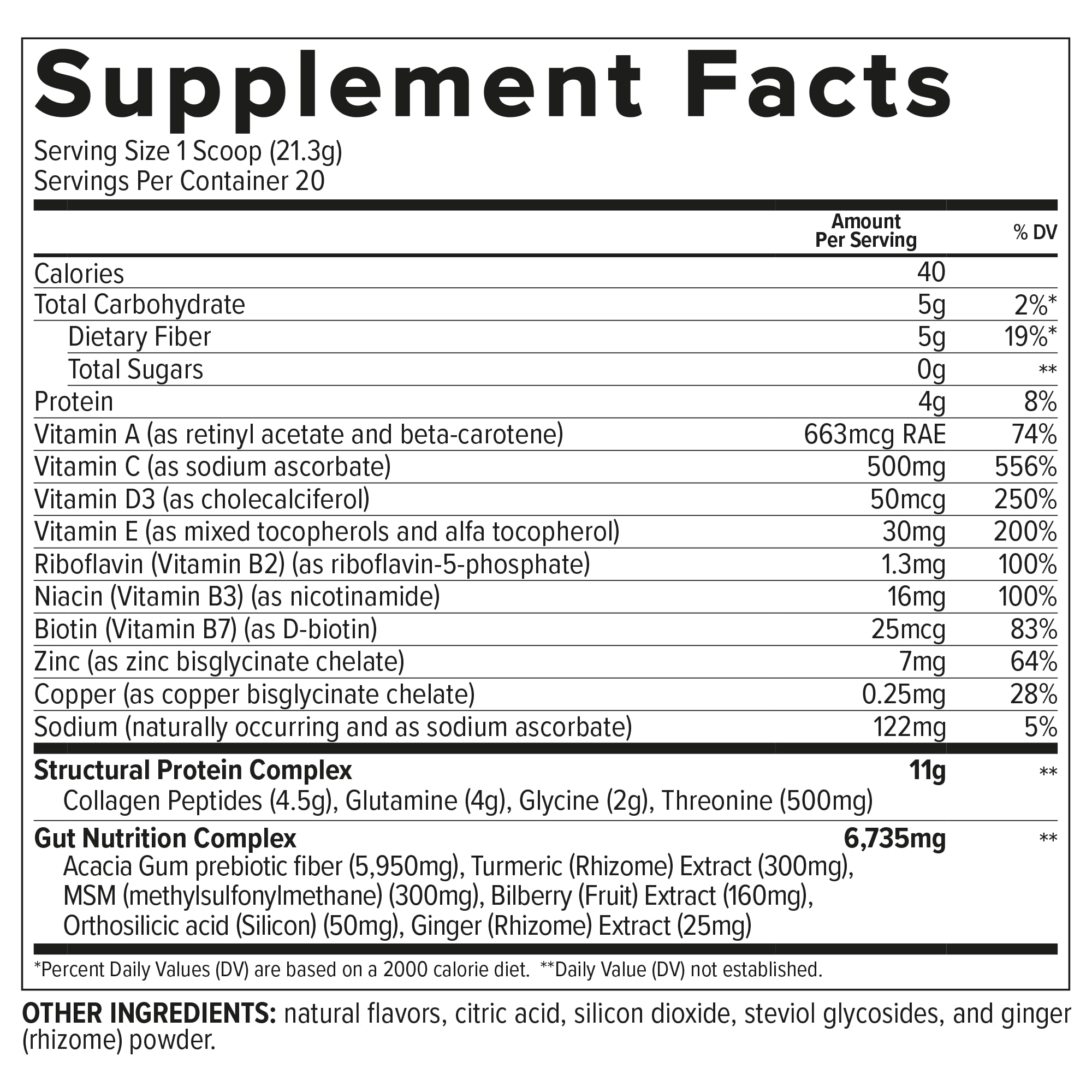 Essential Nutrition Collagen Gut ingredients showcase combined prebiotic fiber and turmeric.