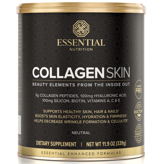 Essential Nutrition Collagen Skin bottle showing hydration support for skin.