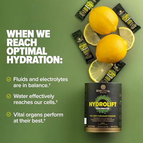 Essential Nutrition Hydrolift lemon in a glass shows sugar-free refreshment