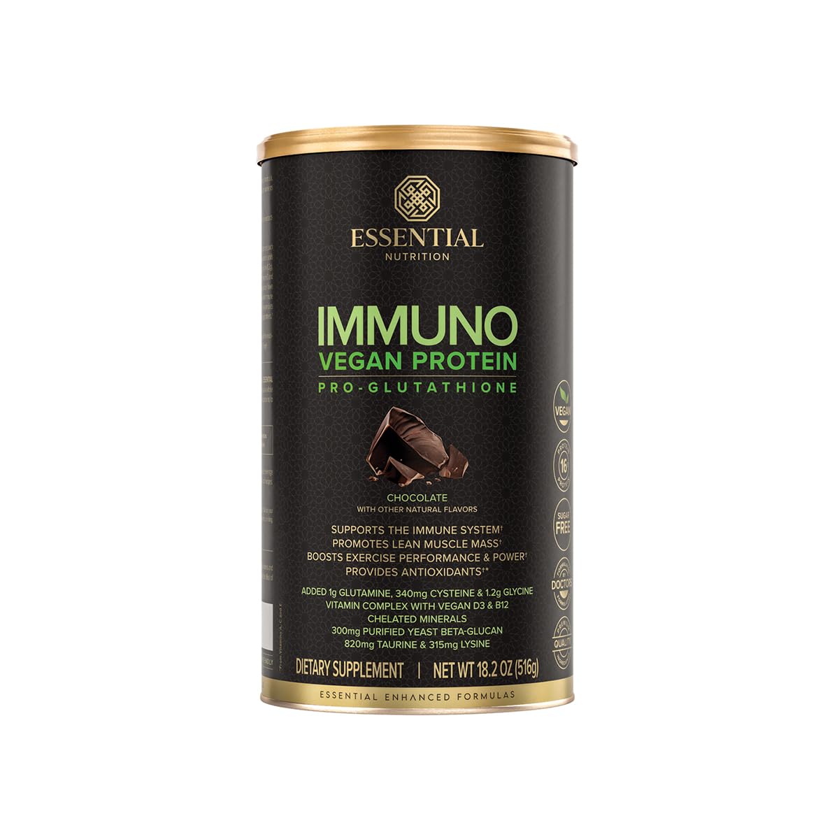 Essential Nutrition Immuno Vegan chocolate bottle showing convenient vegan protein option