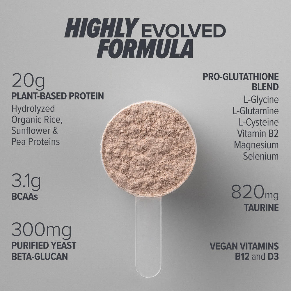 Immuno Vegan chocolate scoop beside the tub for protein-rich nutrition