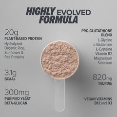 Immuno Vegan chocolate scoop beside the tub for protein-rich nutrition
