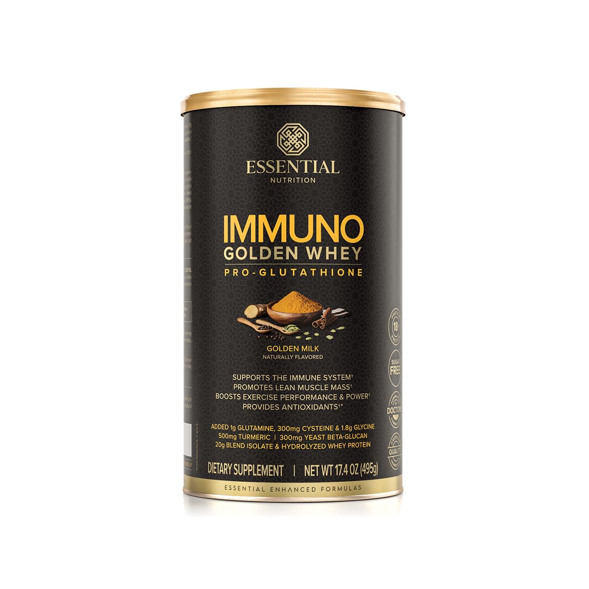 Essential Nutrition Immuno Whey bottle with GMP-certified quality label