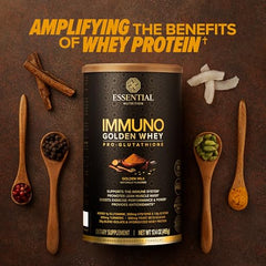 Essential Nutrition Immuno Whey powder scoop on container for quick shakes