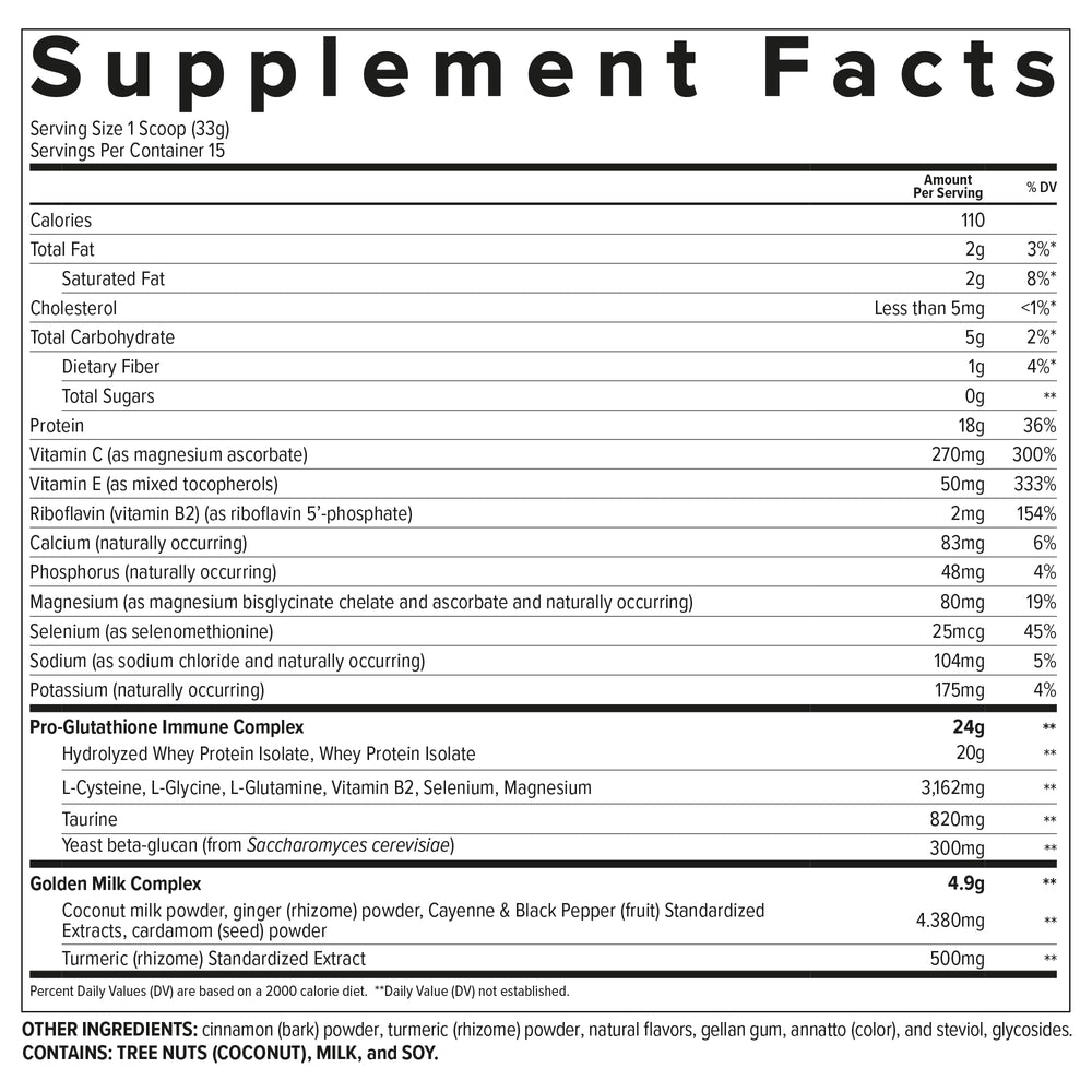 Essential Nutrition Immuno Whey serving on counter highlights 18 g protein