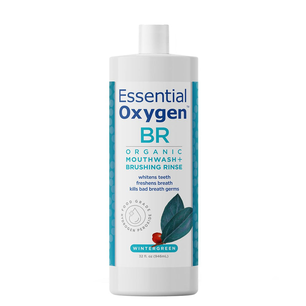 Essential Oxygen Brushing Rinse bottle front shows an alcohol-free whitening mouthwash.