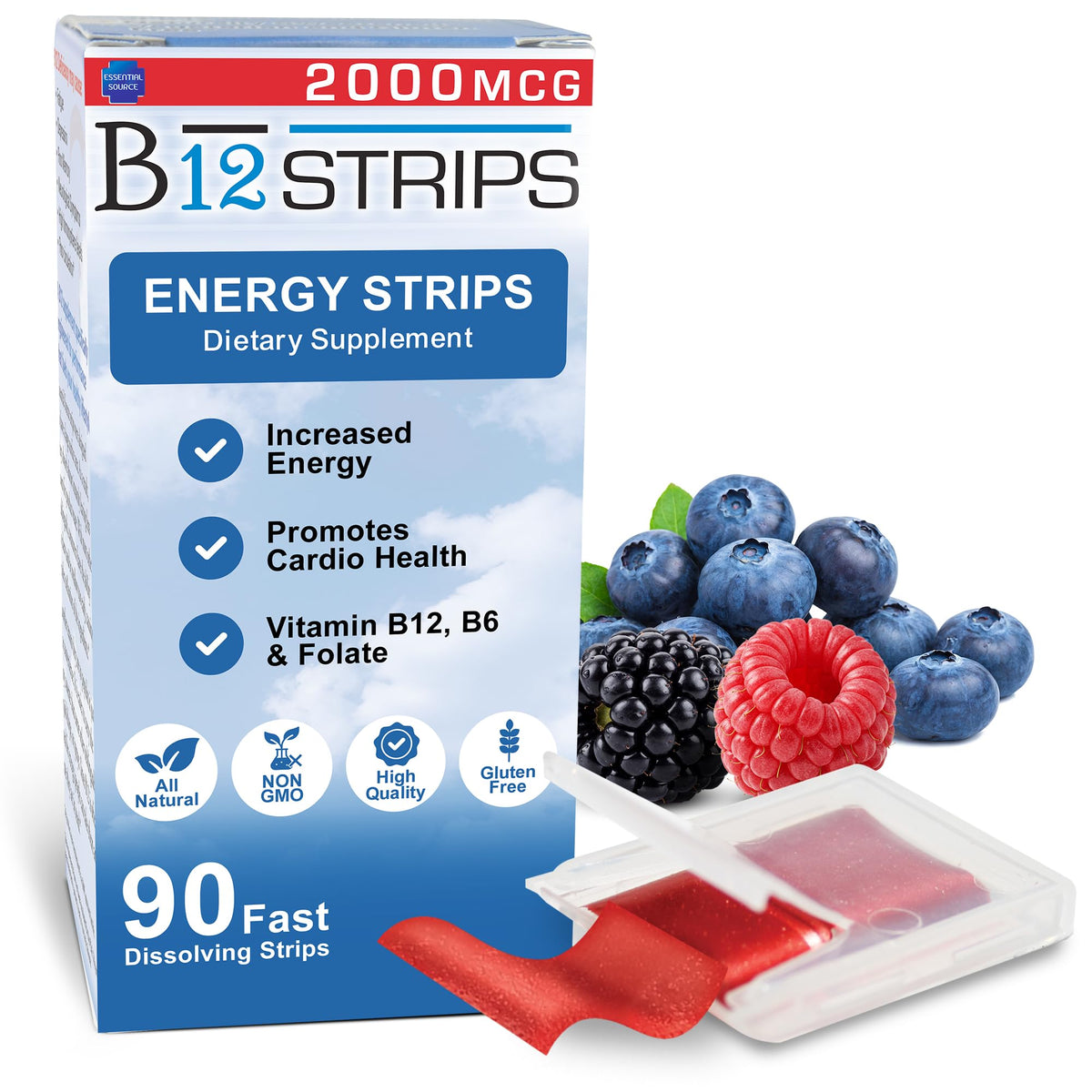 Essential Source B12 strips in winter berry flavor ready for on-the-go energy.