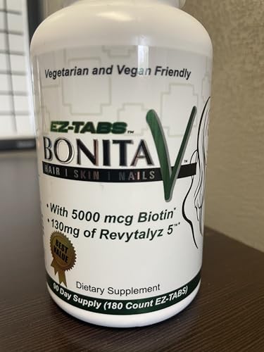 Bonita V capsules close-up highlighting biotin-rich formula for hair, skin, nails.