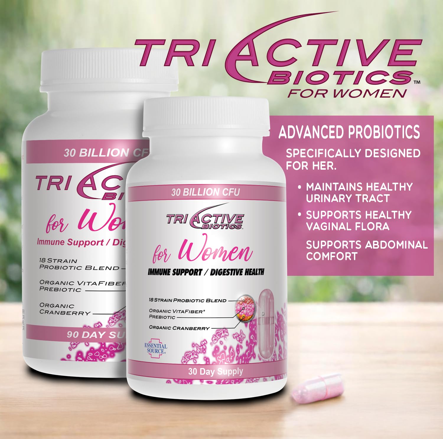 Essential Source Triactive Biotics label highlighting 18 strains for balance