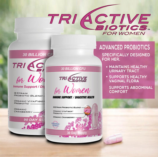 Essential Source Triactive Biotics label highlighting 18 strains for balance