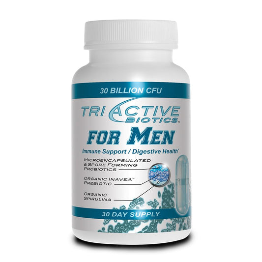 Essential Source TriActive Biotics for Men capsules shown with bottle, supports daily digestive balance.