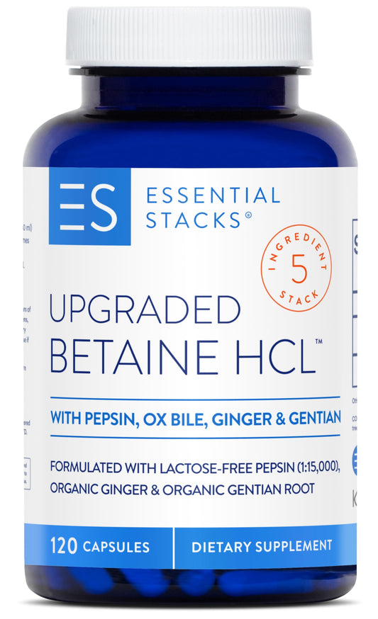 Essential Stacks Betaine HCL bottle front showing protein digestion support after meals