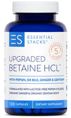 Essential Stacks Betaine HCL bottle front showing protein digestion support after meals