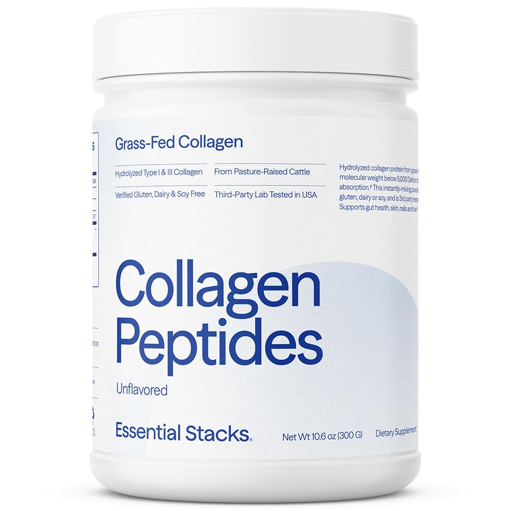 Essential Stacks collagen powder jar with unflavored formula for daily supplementation.