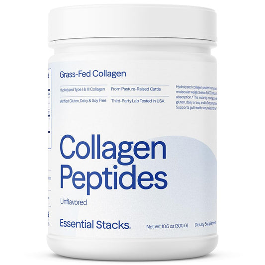 Essential Stacks collagen powder jar with unflavored formula for daily supplementation.