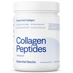 Essential Stacks collagen powder jar with unflavored formula for daily supplementation.