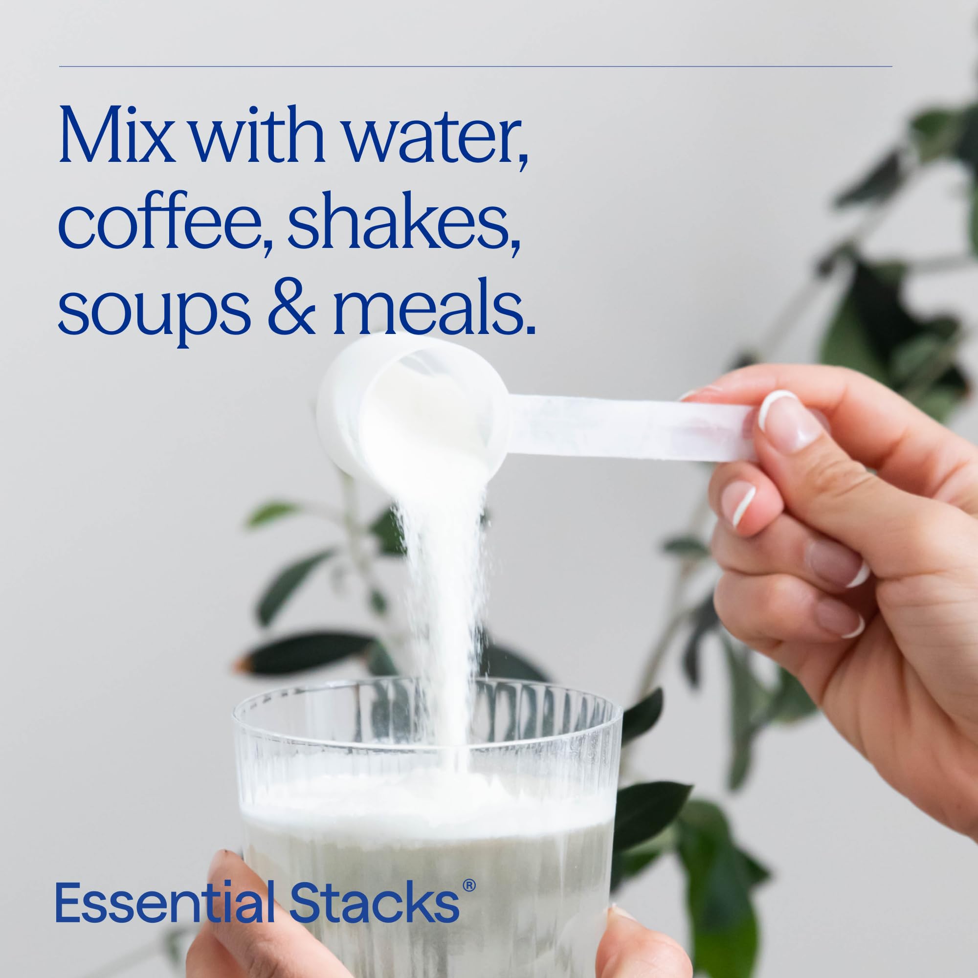 Essential Stacks collagen powder shown being stirred into tea for easy mixing.