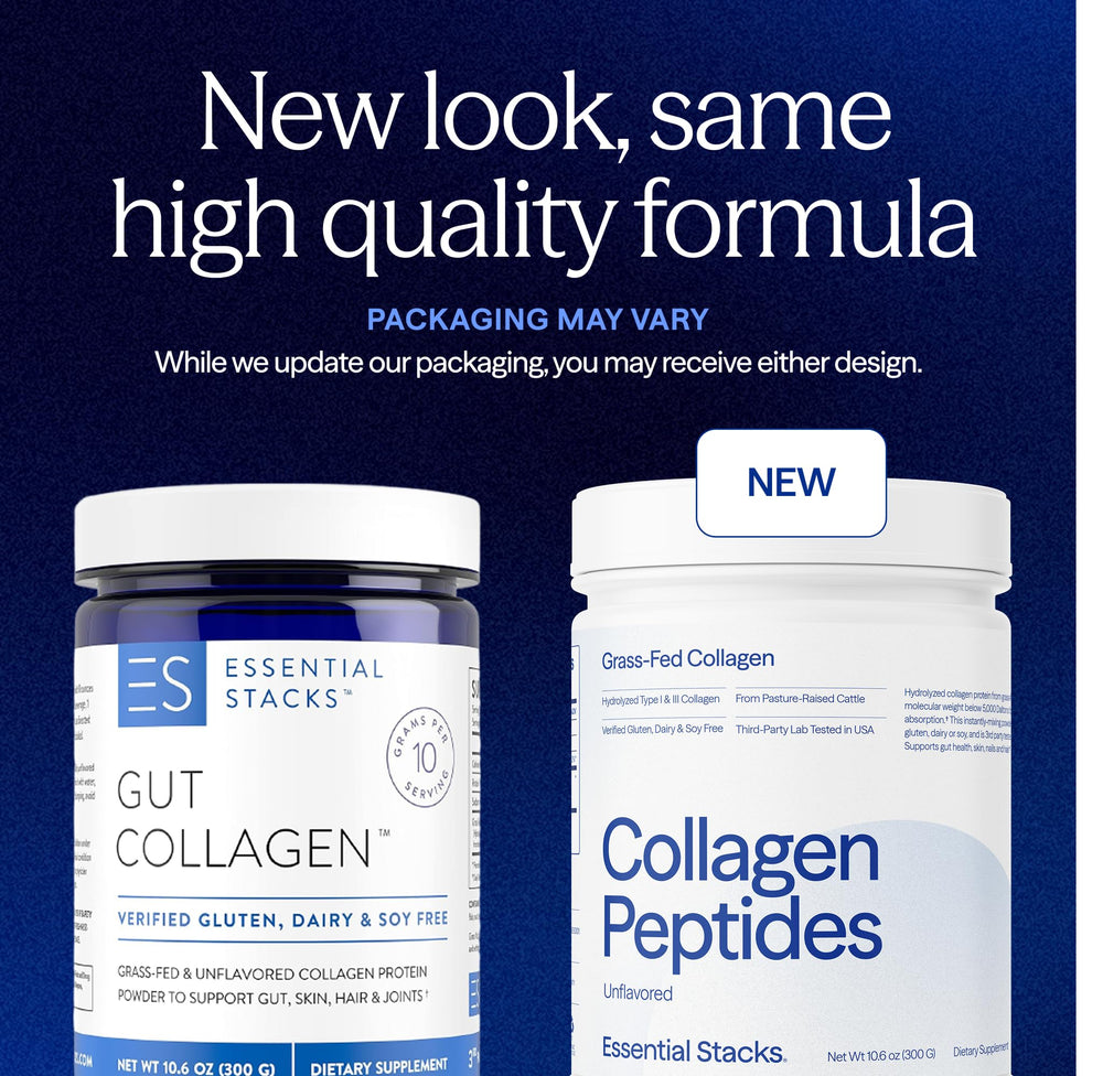 Essential Stacks grass-fed collagen bottle highlights pasture-raised origin.