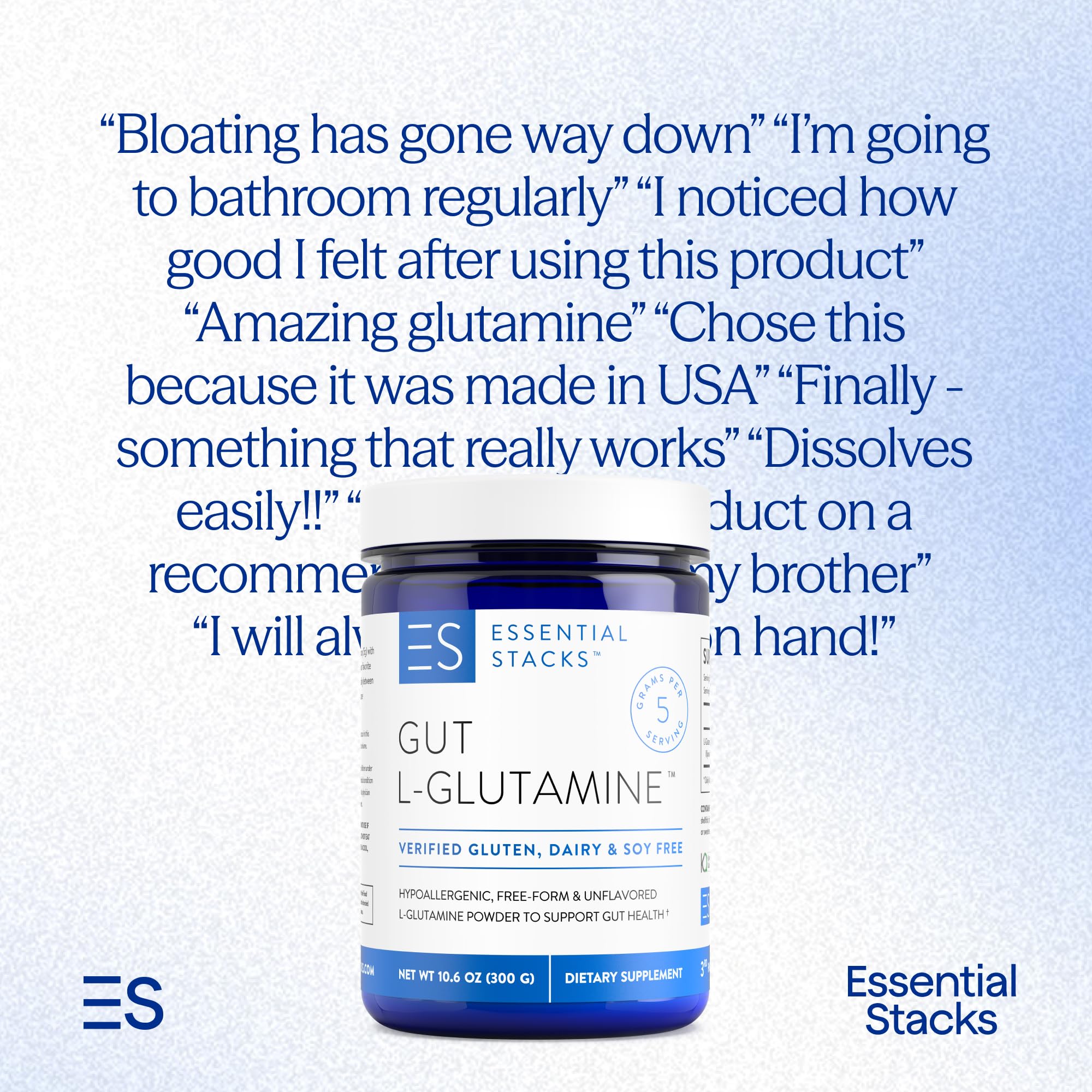 Essential Stacks Gut L-Glutamine banner highlighting allergen-free formula.