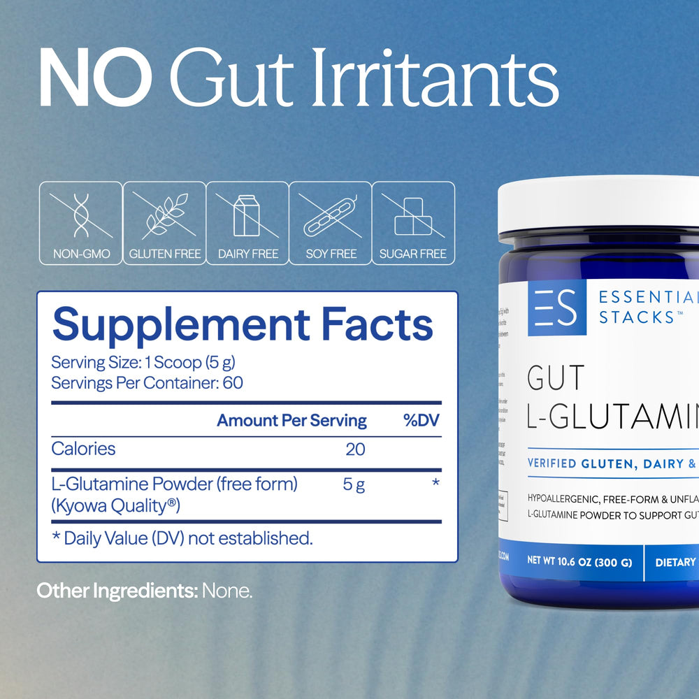 Gluten-free vegan Essential Stacks Gut L-Glutamine icon on label.