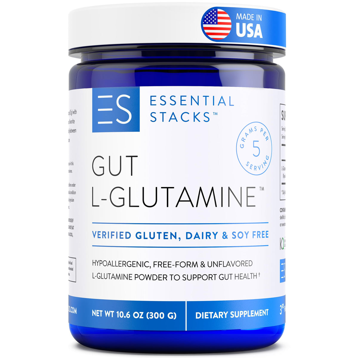 Essential Stacks Gut L-Glutamine powder bottle for daily gut health support.
