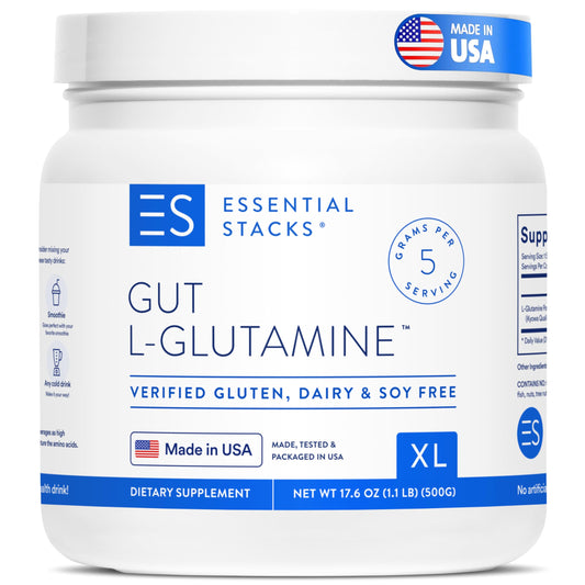 Essential Stacks Gut L-Glutamine powder bottle on a counter for daily gut health