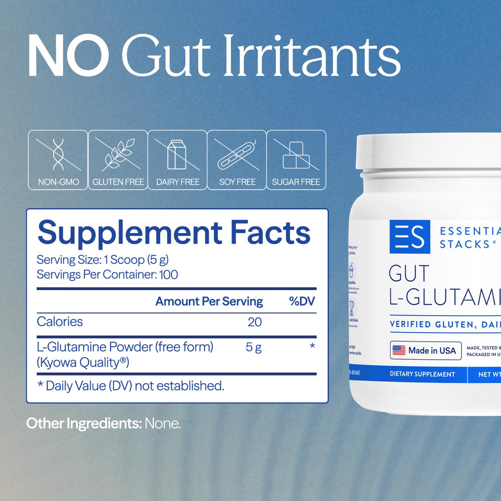 Essential Stacks Gut L-Glutamine powder packaging highlighting USA-made quality